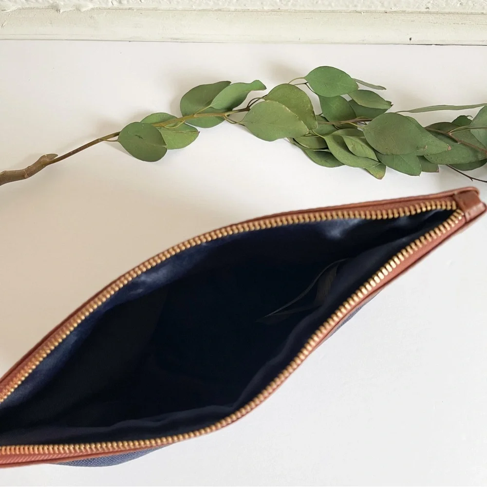 NWOT Abercrombie & Fitch Blue / Tan Faux Leather Embroidered Clutch Bag - Picture 5 of 5